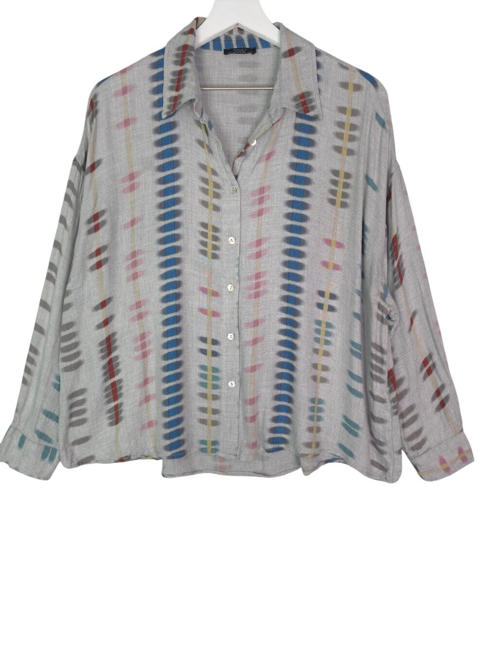 Parfois Boxy Light‎ Gray Button-Up Shirt with Multi-Color Vertical Pattern